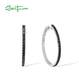 Oorbellen Santuzza Sterling Sier Hoop Oorbellen voor Vrouwen Glanzend Zwart Spinel Wit Cz Eenvoudige Stijl Grote Cirkel Oorbellen Fijne Sieraden