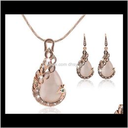 Oorbellen Sets Levering 2021 Dames Dames Pauw Kristal Rhinestone Hanger Ketting Drop Earring Mode Waterdrop Sieraden Set Gift voor Lo