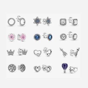 Pendientes Plata 925 Cuadrado Azul Redondo Halo Sparkle Sparkling Circle Árbol genealógico Anudado Corazón Corona Pendientes para mujer Envío gratis