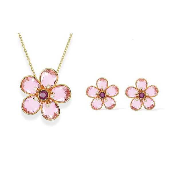 Pendientes Swarovski Diseñador Moda de lujo Mujer Florere Collar de flores rosadas para mujer Usando elementos de Swarovski Cadena de collar de cristal para mujer Pendientes para mujer