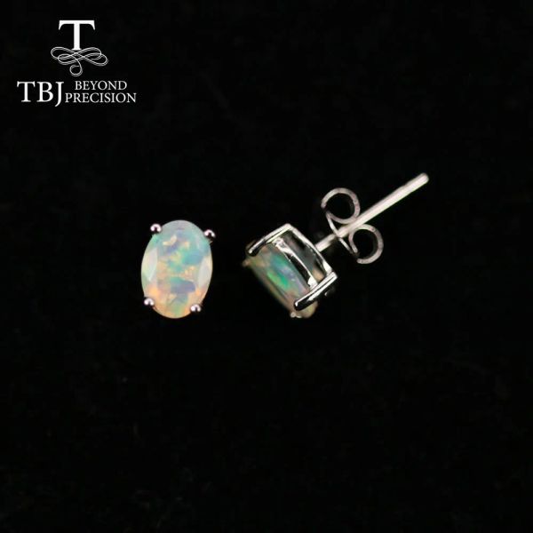 Pendientes tbj, arete de ópalo simple ovalado 5*7 mm1ct Etiopía natural Gemstone 925 White Sterling Platir Joyería fina para mujeres Diario Diario