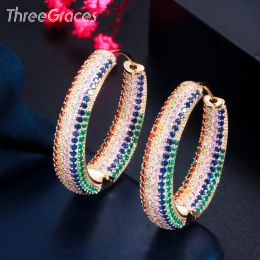Boucles d'oreilles trois graces luxury bleu vert cubic zirconia gold couleur gros cercle rond boucles d'oreilles pour les dames bijoux de fête de mariage ER544