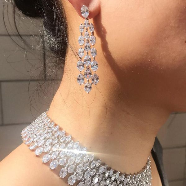 Pendientes top nuevo piedra blanca clara circonita cúbica micro pavé ajuste Gargantilla de cena pesada con pendiente Accesorios de vestido de novia de boda