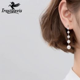 Boucles d'oreilles Trusta authentique la plus récente 925 Sterling Silver Fashion Synthesis Pearl 6cm Long Boucles d'oreilles pour les femmes Bijoux de mariage des filles Da480