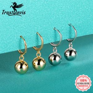 Boucles d'oreilles Trustdavis Real 925 Silver Silver Fashion Sweet 18K Gold 8 mm Ball Charm Cerceau d'oreille pour femmes Wedding Fine Jewelry DA1788