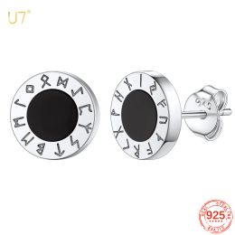 Boucles d'oreilles u7 925 Sterling Silver Norse Viking Rune Agate Stud Boucles d'oreilles pour homme Femmes Round Hexagon ONXY UNISE