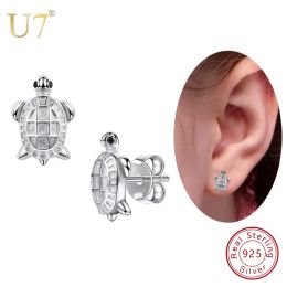 Oorbellen U7 925 sterling zilver Kleine schattige schildpad Stud Earring voor vrouw Dierencharme Push Back Type Chique dagelijkse sieraden