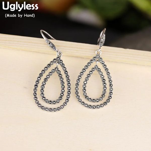 Pendientes Pendientes de caída de agua doble sin feas para mujeres Pendientes de colgación de marcasita 925 Silver hueco exótico Brinco Bijoux E1715