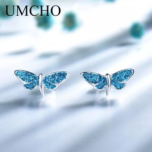 Oorbellen UMCHO Blue Dragonfly Pailletten Stud Oorbellen Echt 925 Sterling Zilveren Sieraden Romantische Oorbellen Voor Vrouwen Leuke Verjaardagscadeau