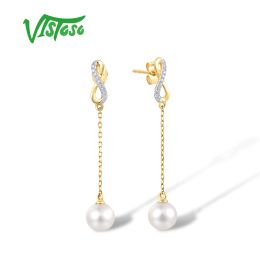 Oorbellen Vistoso 9k 375 Gele gouden oorbellen voor vrouwen zoet water witte parel diamant druppel oorbellen delicate charmante geschenken fijne sieraden