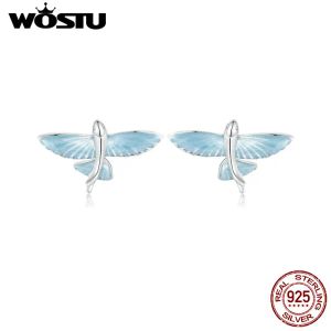 WOSTU 925 Sterling Zilver Blauwe Vliegende Vis Stud Oorbellen Voor Vrouwen Uniek Cadeau Vogels Oorstekers Pendientes Sieraden Accessoires