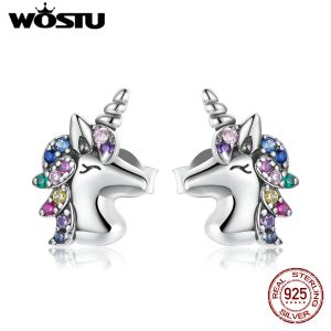 Oorbellen WOSTU 925 Sterling Zilver Kleurrijk Paard Stud Oorbellen Regenboog Dier Eenhoorn Oorbellen Voor Vrouwen Mode Zilveren Sieraden CTE496