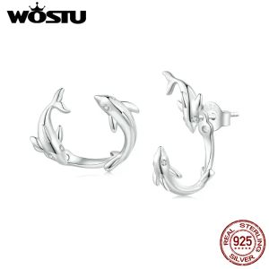Boucles d'oreilles WOSTU 925 en argent Sterling créatif Double dauphin boucles d'oreilles pour les femmes détachables animaux boucles d'oreilles de mariage bijoux cadeau