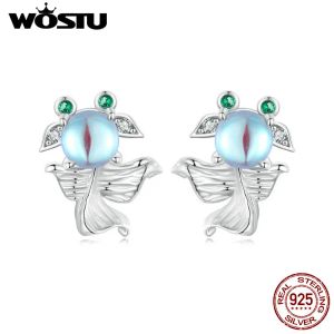 Oorbellen Wostu 925 Sterling Silver Moonstone Fish Ear Studs met CZ Earring voor schattige meisjes dame vrouwen verjaardagsfeestje cadeau fijne sieraden