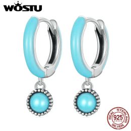 Boucles d'oreilles wostu 925 argent sterling rond rond turquoise boucles d'oreilles femmes bonbons en émail bleu charme goutte drop clips de mariage bijoux de mariage cadeau