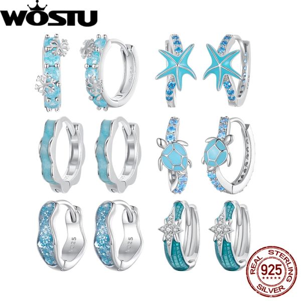 Boucles d'oreilles WOSTU 925 argent Sterling tortue oreille Clips hiver glace fleur étoile de mer fleur oreille avec émail bleu Technique bijoux fins