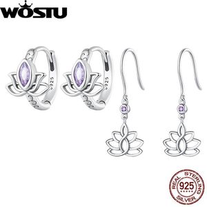 Oorbellen WOSTU Lotus Oorbellen 925 Sterling Zilveren Bloem Hangende Oorbellen met Zirkoon voor Vrouwen Meisje Fijne Sieraden Party Dating Gift