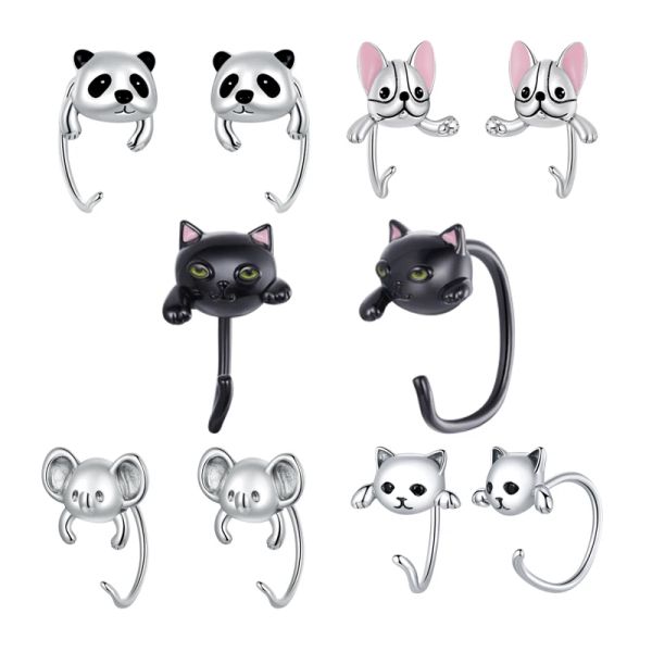 Pendientes Wostu Real 925 Sterling Silver Black Gold Cat Mini Koala Dog Panda Pendientes para mujeres Anniversary Anniversary Jewellry NUEVO