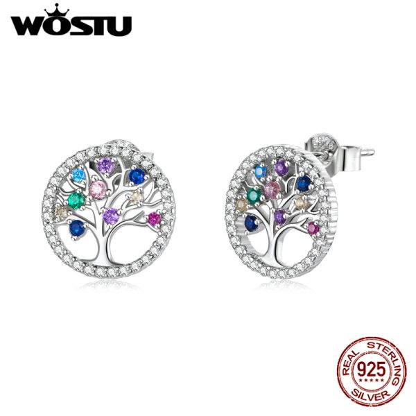 Boucles d'oreilles wostu réel 925 argent sterling arbre coloré de vie boucles d'oreilles arc-en-ciel pour femmes bijoux en argent de mode CTE497