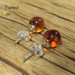 Boucles d'oreilles Yoowei 7mm rond naturel ambre boucles d'oreilles pour femmes Chic boucle d'oreille couleur Cognac dame mode baltique ambre bijoux en gros