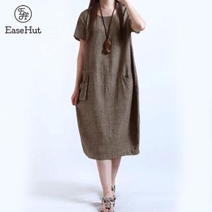 Easehut mode vrouwen casual losse jurk effen kleur korte mouw zak zomer vintage midi lange jurk plus size 5XL robe 2020 LJ200818