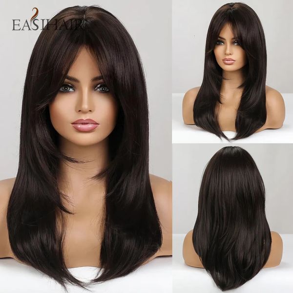 Easihair pelucas sintéticas de color negro marrón oscuro con flequillo de pelos naturales de capas rectas para mujeres resistentes al calor de cosplay 240412