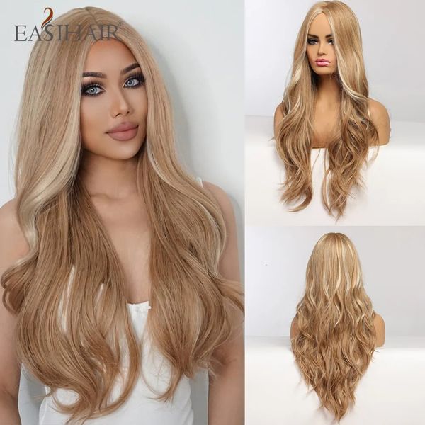 Easihair Golden Highlight Blonde Long Wavy Synthetic Wigs Part moyen Hair Natural For Women Daily Party Fibres résistantes à la chaleur 240419