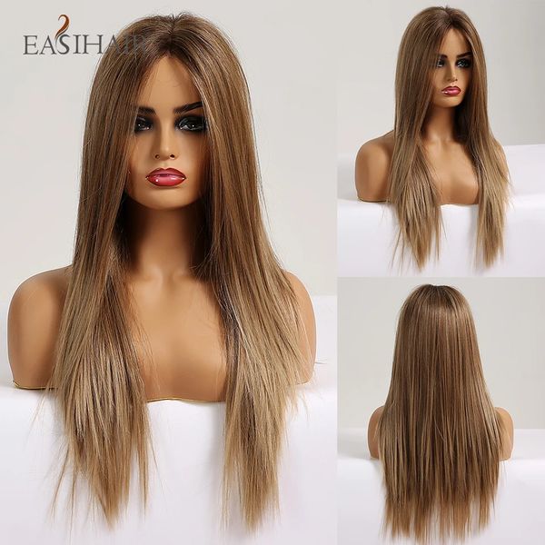 EASIHAIR – perruque synthétique longue et soyeuse avec raie en T, brune et blonde, avec cheveux de bébé, haute densité, résistante à la chaleur, pour femmes, 240115