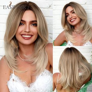 EasiHair middellange lengte rechte synthetische pruiken blonde gouden gelaagde haarpruiken met knal voor vrouwen dagelijkse cosplay hittebestendig 240409