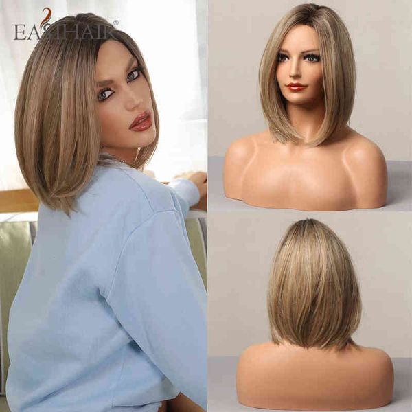 EASIHAIR Ombre Brun Mixte Blonde Épaule Longueur BoBo Perruques de Cheveux Synthétiques pour Femmes Partie Latérale Droite Résistant À La Chaleur Perruque 220525