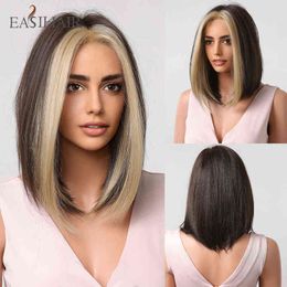 EASIHAIR – perruques synthétiques courtes et lisses, à reflets bruns, blonds, partie centrale, Bob pour femmes noires, Fibers résistantes à la chaleur quotidienne, 220525