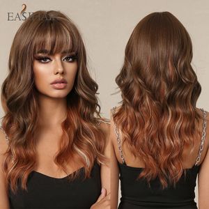 Easihair Wavy Wavy Synthetic Wigs Ombre marrón naranja de cobre Longitud de los hombros Cabello con flequillo para mujeres resistentes al calor del calor 240409