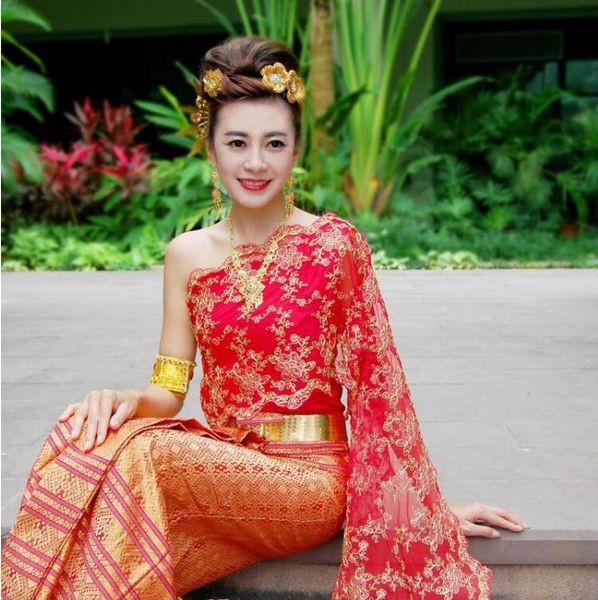 Costume Dai d'Asie de l'Est pour femme, châle rouge à une épaule, vêtement de style traditionnel thaïlandais, sans manches, tenue ethnique de mariage