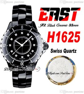 East J13 33mm H1625 Zwitserse kwarts Ladies Kijk Korea keramische zwarte wijzerplaat diamanten markers keramiek armband super editie dames horloges puretime