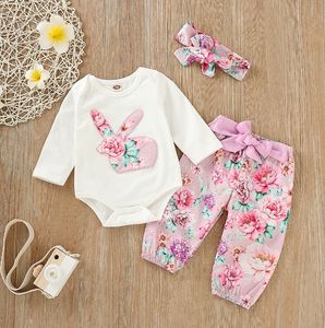 Easter Baby Clothing Sets Embroidery Baby Girls Rompers Pants Headband 3PCS Set Bunny Newborn Outfits Spring Girl Clothes Set DHW2057