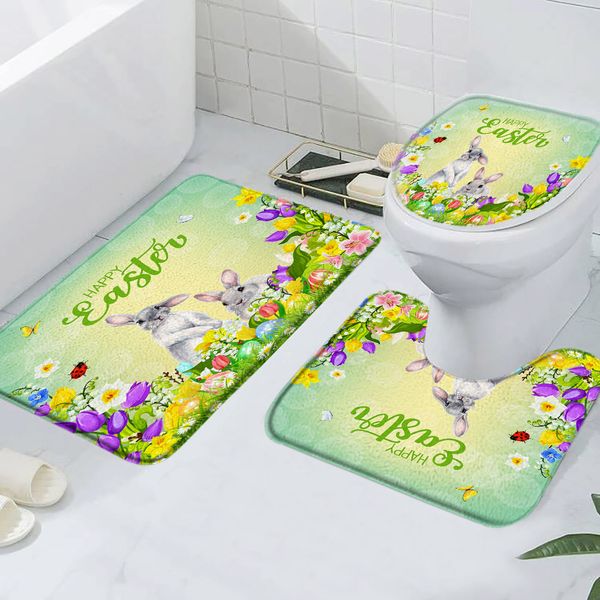 Pâques de bain de lapin œufs d'oeufs Tulip Meadow Barn Funny Bunny Home Flannel Floor Floor Mat Toilet de toilet