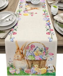 Chemin de Table en lin coloré lapin de pâques, décor de fête de vacances, lavable, cuisine, salle à manger, décorations de mariage, 240325