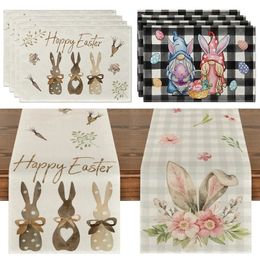 Pâques Lunny Table Runner Linn Gnome Oeufs Rabbit Dining Dining Placemat Decoration For Home Kitchen 2024 Printemps 240430