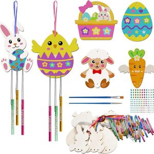 Campana de viento de madera artesanal de Pascua, pintura artesanal para niños, huevo de conejo, manualidades, decoración del hogar y jardín