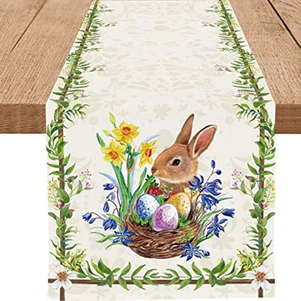 Chemin de Table en toile de jute, lapin mignon, feuilles vertes, fleurs sauvages, œufs de lapin, décor de cuisine de printemps, 240325