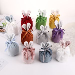 Sacs à bonbons lapin de pâques, en velours, oreilles de lapin, sac cadeau de fête, avec étiquette, festival de bonbons de mariage, poche à cordon