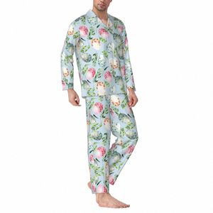 Jour de Pâques Pyjama Ensembles Oeufs de printemps et feuilles Trendy Night Vêtements de nuit Hommes 2 pièces Lâche surdimensionné Design Vêtements de nuit Idée cadeau H8uh #