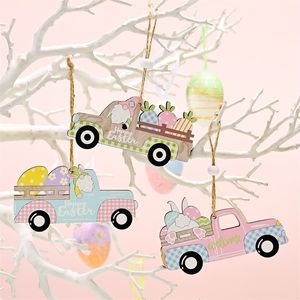 Pâques Décoration Oeufs Lapin Carotte Voiture En Bois Suspendu Ornement BRICOLAGE Bois Artisanat Enfants Cadeaux Printemps Maison 220815