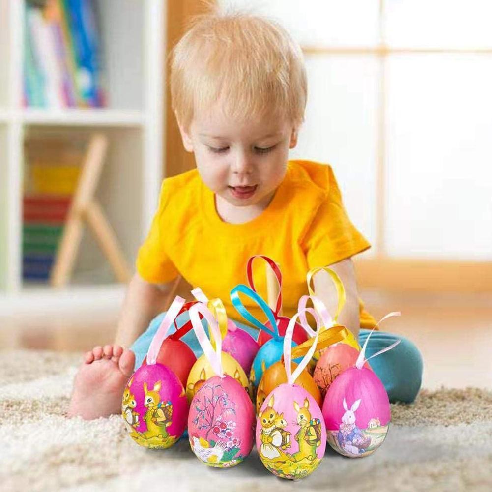 Easter Egg Party Decoration Hanging Plaid Dot Foam Chicken Rabbit Color Paper Eggs Toy Decorations with Hanging Rope