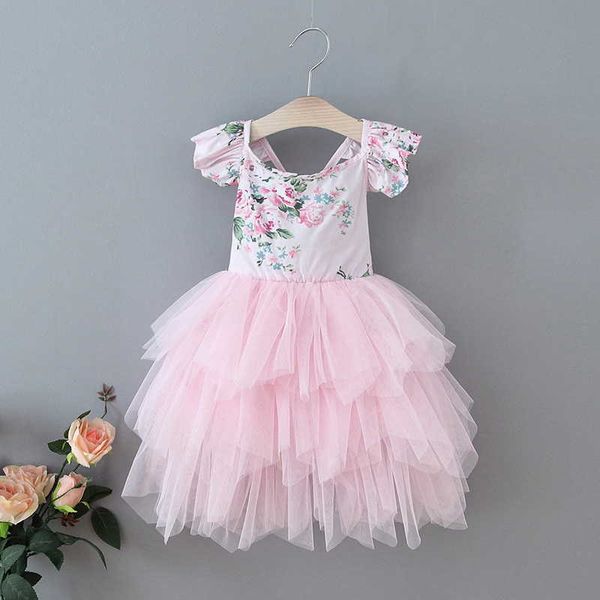 Robes de fille de fleur de Pâques smockant rose robe de gâteau floral princesse pour fête de mariage vêtements pour enfants E1961 210610