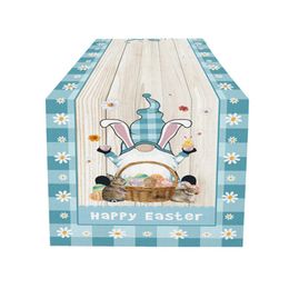 Camino de mesa de Gnomo de Pascua, algodón y lino, gnomos felices de Pascua, conejo, huevos coloridos, camino de mesa rectangular antideslizante