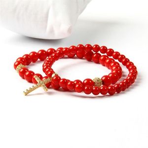 Bijoux de pâques en pierre de corail rouge teintée de qualité A, 5mm, Cz clair, croix de jésus, Bracelet en perles pour amoureux, cadeau 256O