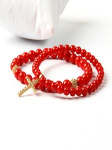 Pasen sieraden groothandel 5 mm een graad geverfde rode koraalsteen helder cz Jezus kralen armband voor geliefde cadeau6876678