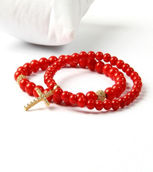 Bijoux de Pâques en gros 5 mm un grade de corail rouge teint en pierre claire CZ Jesus Bracelet perlé pour l'amant Gift3149263