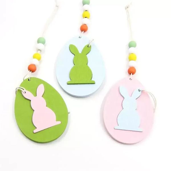 Fête de pâques pendentif suspendu en bois bricolage couleur unie oeuf lapin en forme ornement suspendu heureux décoration de la maison 6 pièces/sac en gros